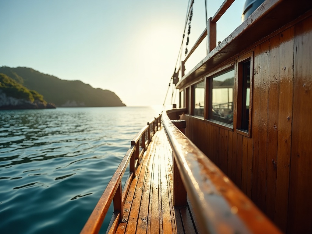 Teak deck of a small expedition ship at anchor with the Flores coastline beyond