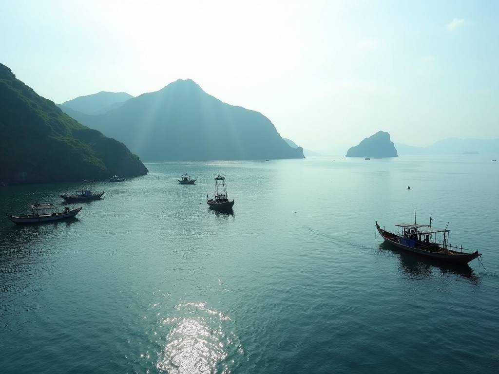 Small phinisi ship crossing calm water on the Labuan Bajo to Komodo route at first light