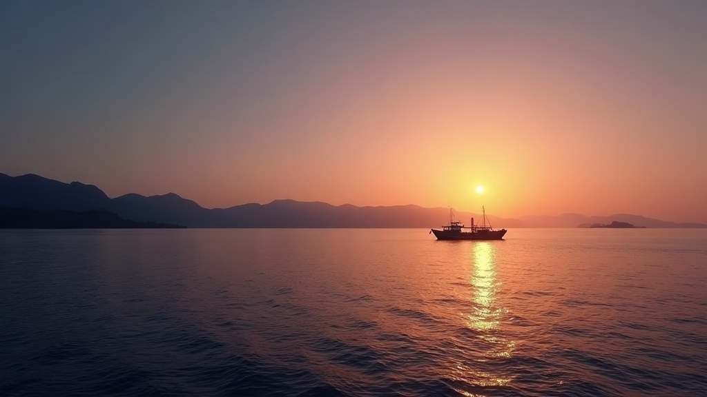 Dawn over layered Flores island ridgelines with a small expedition ship silhouetted on calm sea